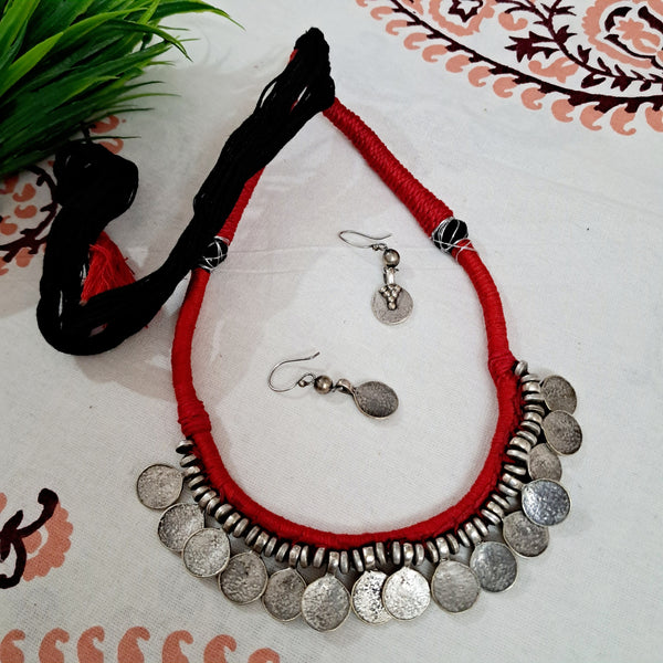 Ekani Bhadra Brass Coin Red Thread Necklace Set