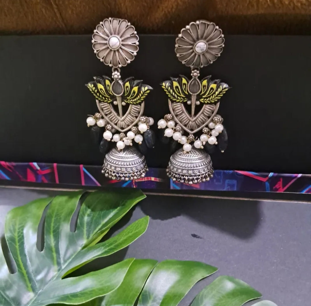 Ekani Vydehi Meenakari Brass Silver Jhumka Earrings