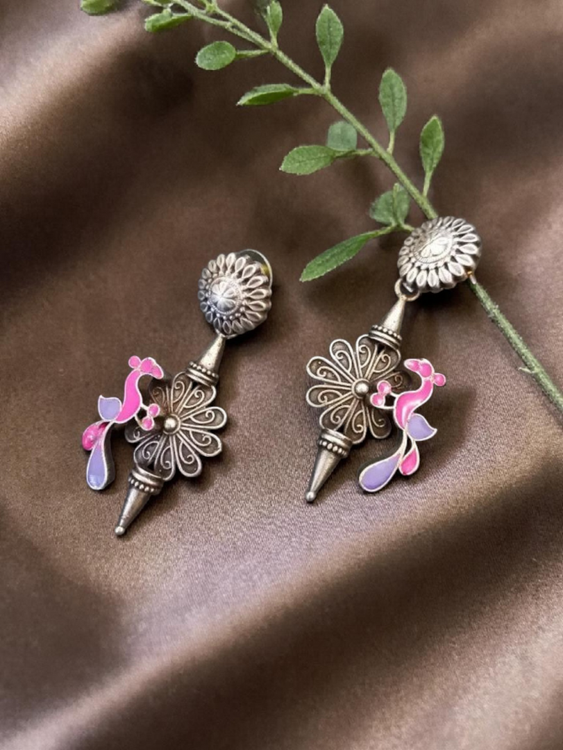 Ekani Hansika Gulabi Brass Silver Meenakari Earrings For Women