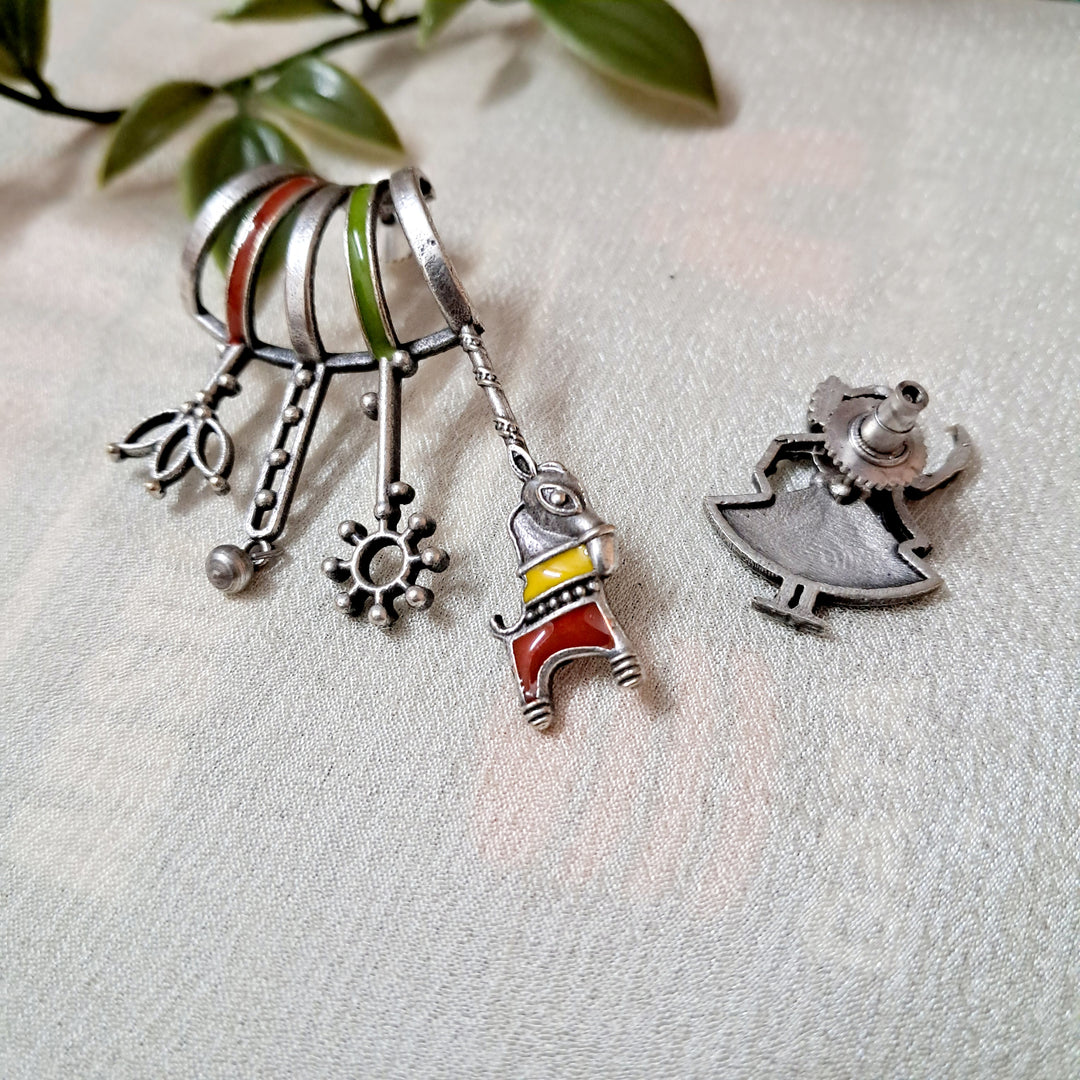 Ekani Kathputli Silver Brass Quirky Meenakari Earrings
