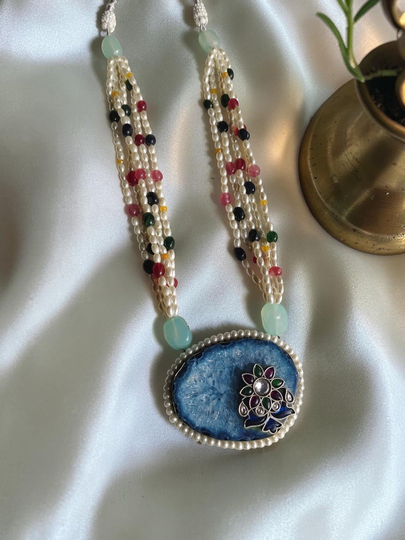 Designer Natural Blue Stone Statement Pendant Necklace with Pearl & Multicolour Beads | Adjustable Dori