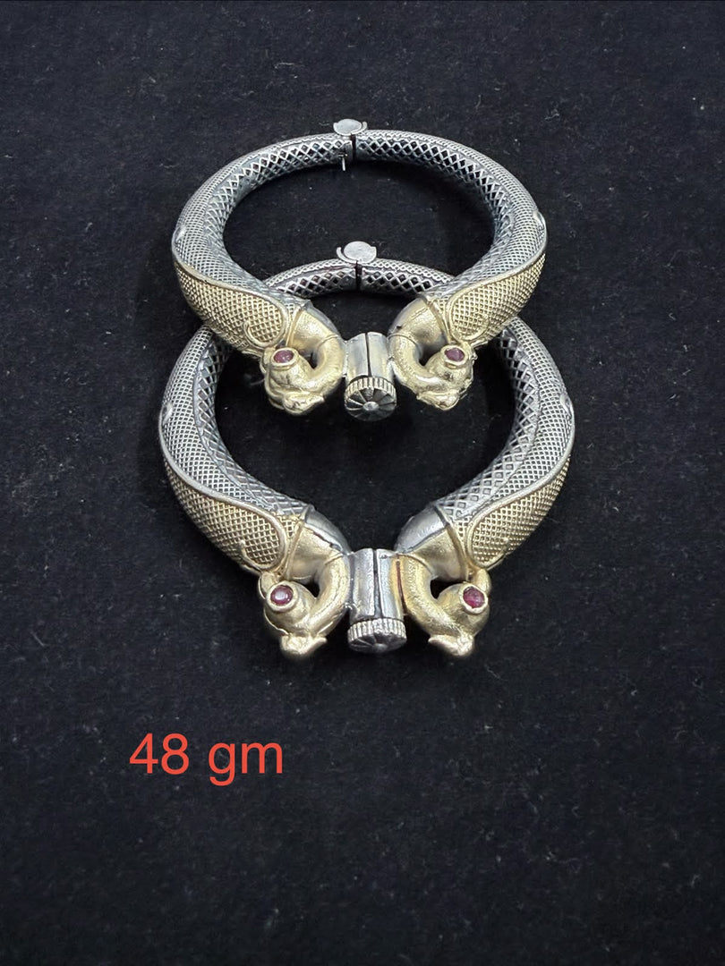 Peacock Dual-Tone Brass Openable Tribal Kada Pair with Ruby Stones