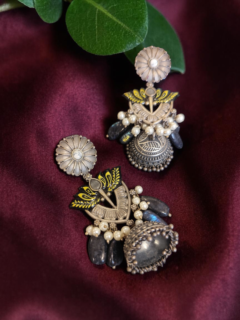 Ekani Vydehi Meenakari Brass Silver Jhumka Earrings