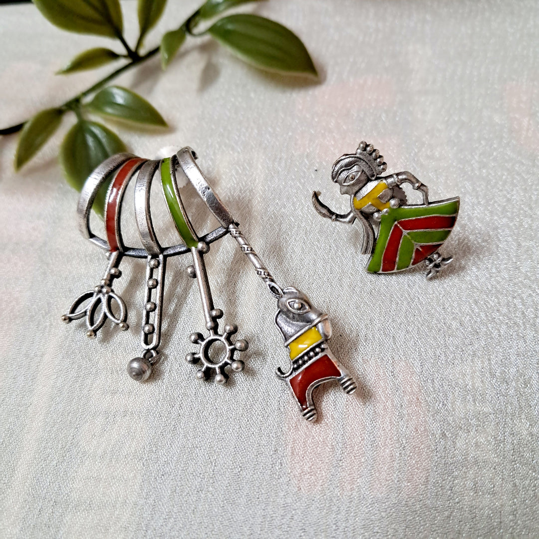Ekani Kathputli Silver Brass Quirky Meenakari Earrings