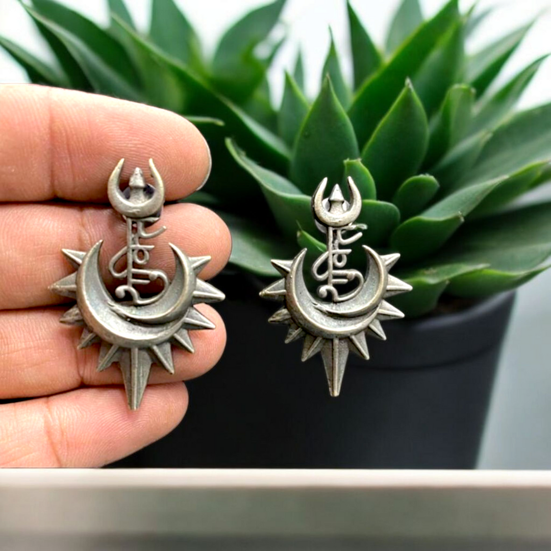 Ekani Shakti Trishul Brass Silver Earrings