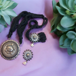 Load image into Gallery viewer, Ekani Durga Brass Silver Blue White Zircon Pearl Black Thread Tarsel Necklace Set
