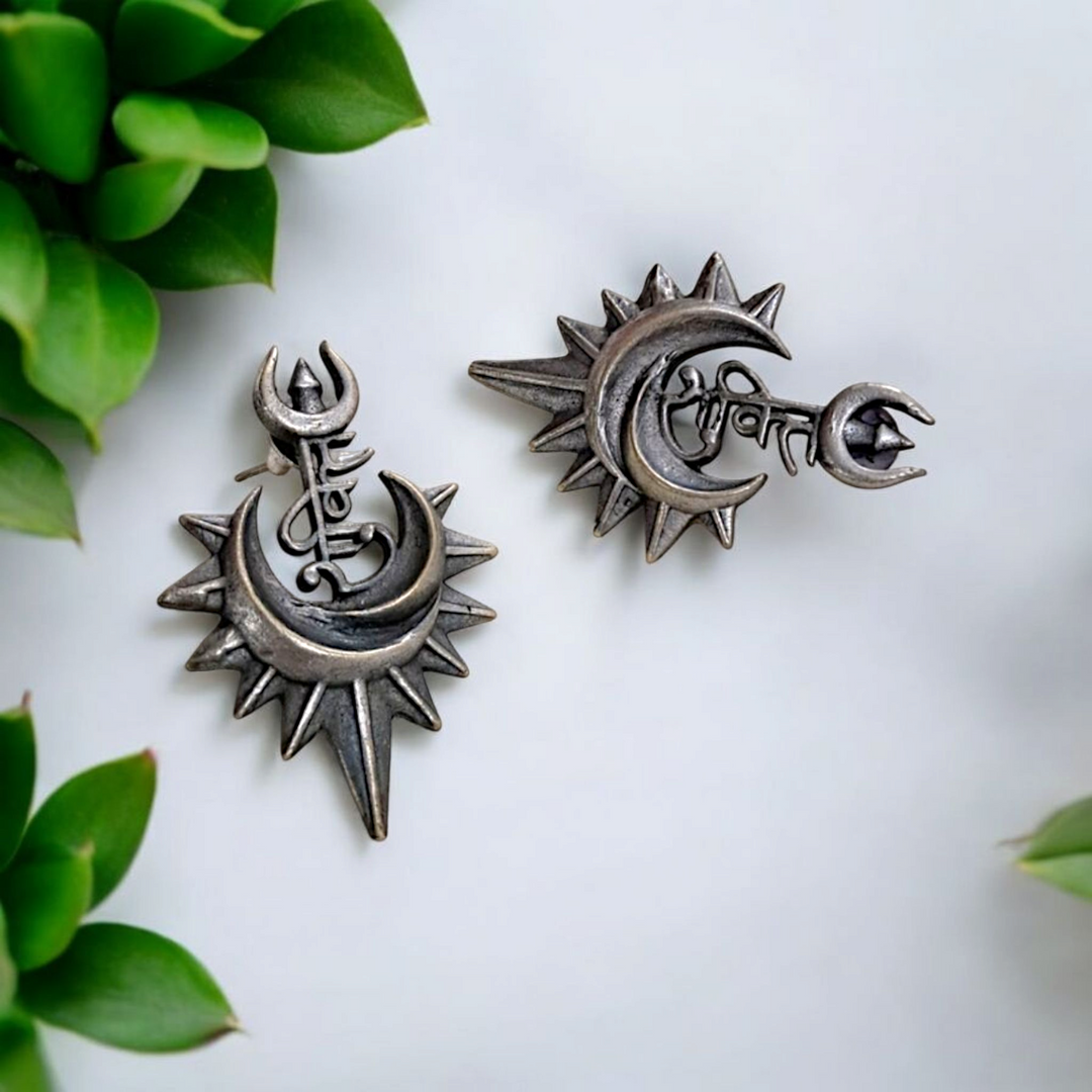 Ekani Shakti Trishul Brass Silver Earrings