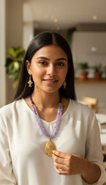 Load image into Gallery viewer, Premium Original Lavender Onyx Beaded Necklace Set with Handcrafted Dokra Pendant &amp; Fish Design Earrings | Adjustable Tassel