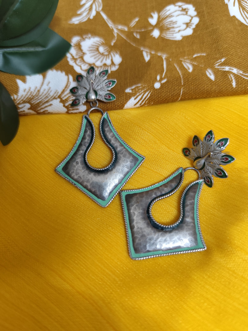 Ekani Saba Meenakari Brass Silver Polish Statement Earrings