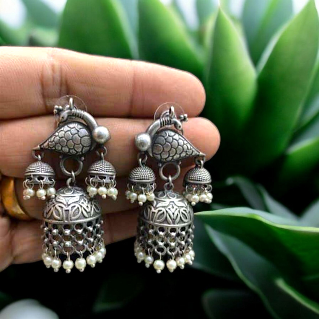 Ekani Antique Brass Silver Plated Pearl Jhumka Earrings