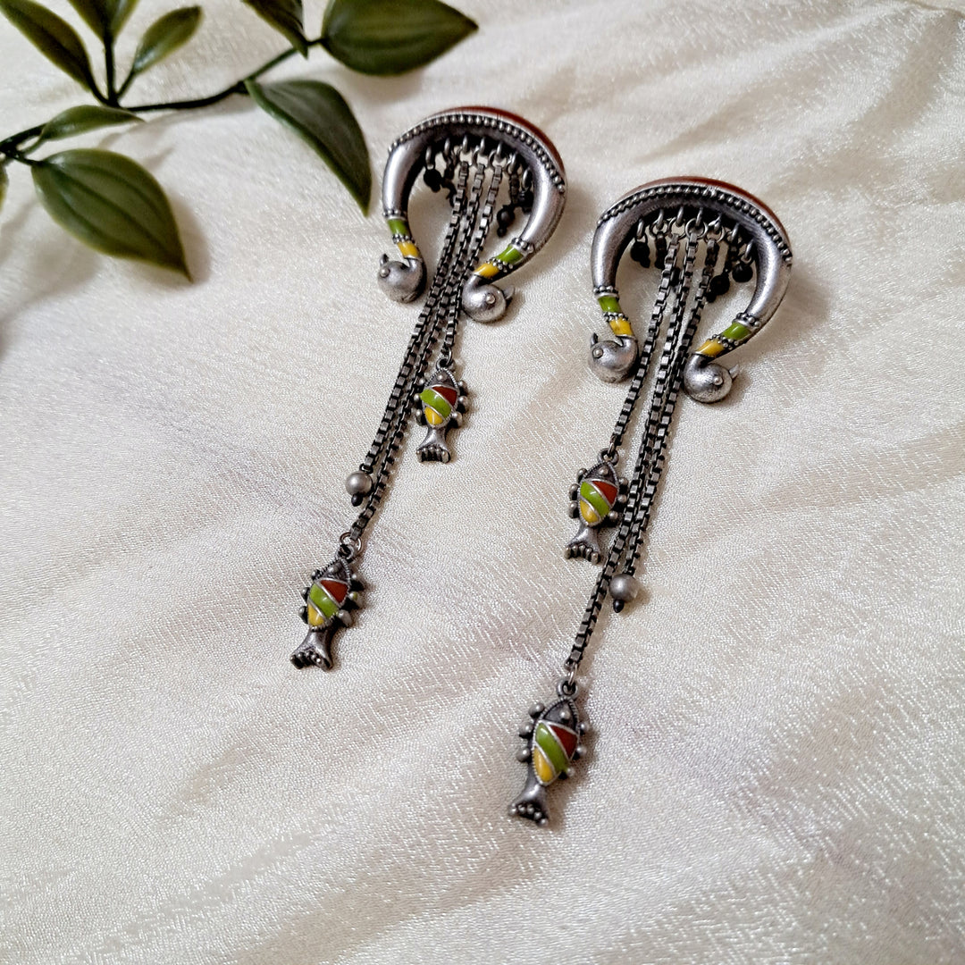 Ekani Morni-Matsya Silver Brass Meenakari Earrings