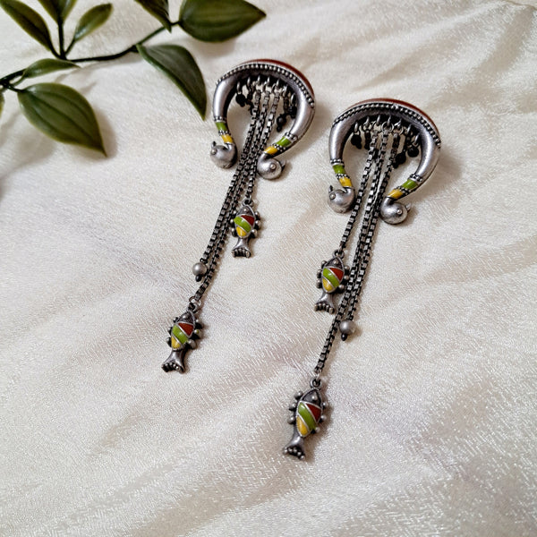 Ekani Morni-Matsya Silver Brass Meenakari Earrings