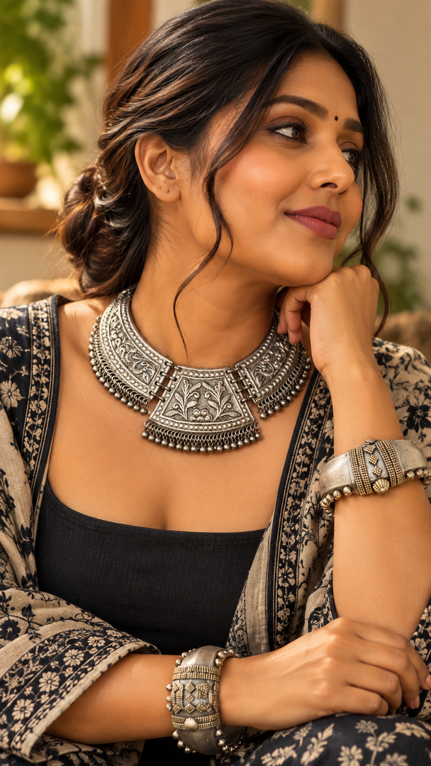 Ekani Chitai Work Silver-Plated Brass Choker Cum Necklace