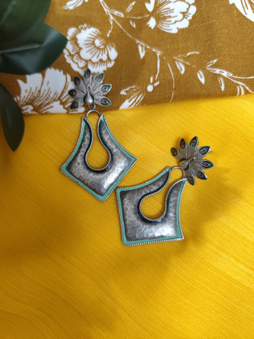 Ekani Saba Meenakari Brass Silver Polish Statement Earrings