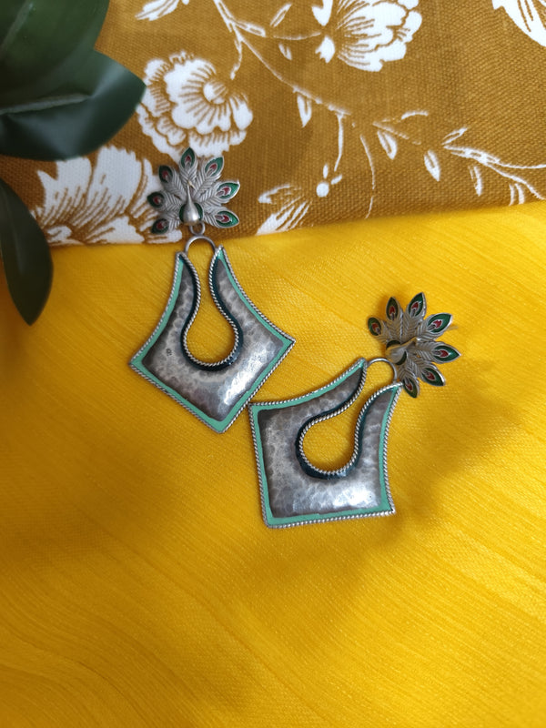 Ekani Saba Meenakari Brass Silver Polish Statement Earrings