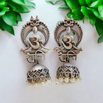 Load image into Gallery viewer, Ekani Om Shanti Silver Replica Brass Pearls Jhumka Earrings
