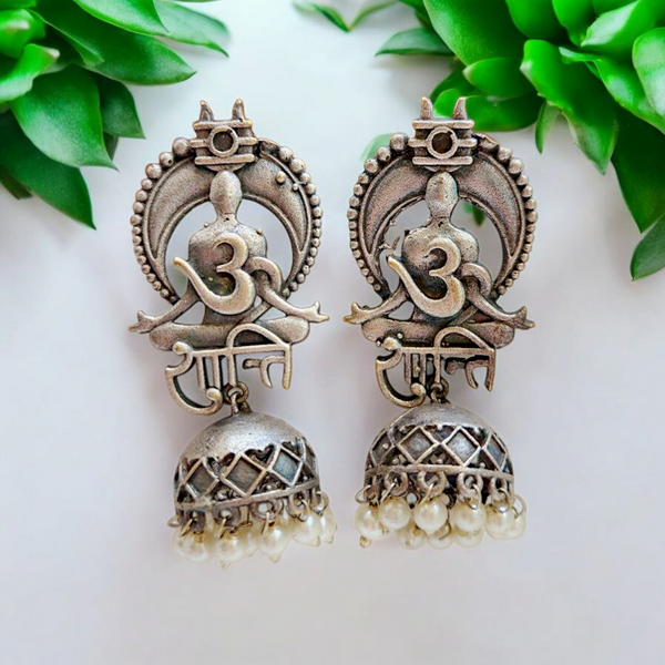 Ekani Om Shanti Silver Replica Brass Pearls Jhumka Earrings