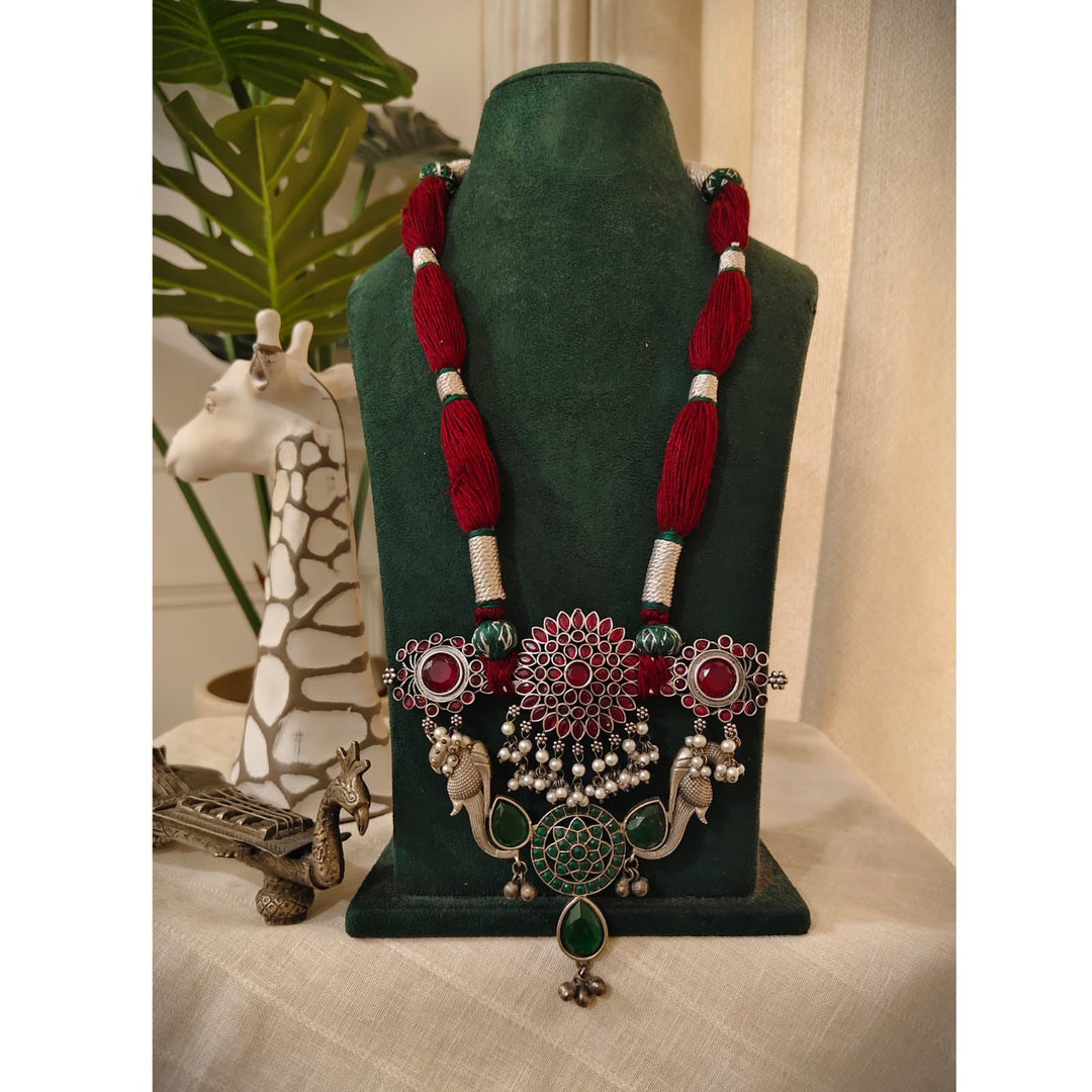 Ekani Designer Stone Embedded Peacock Pendant Long Necklace with Adjustable Dori