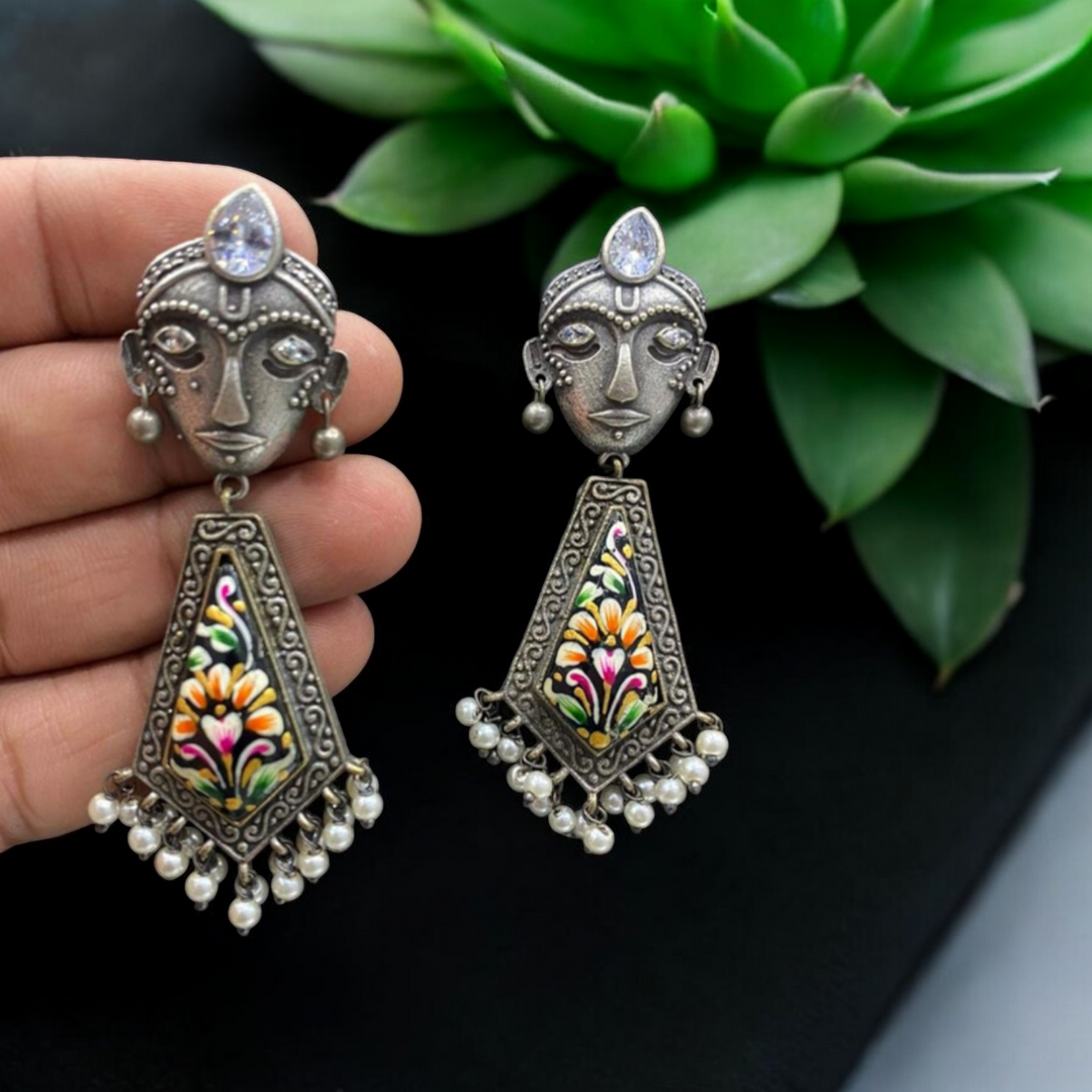 Ekani Shariya Silver Brass Meenakari Stone Earrings