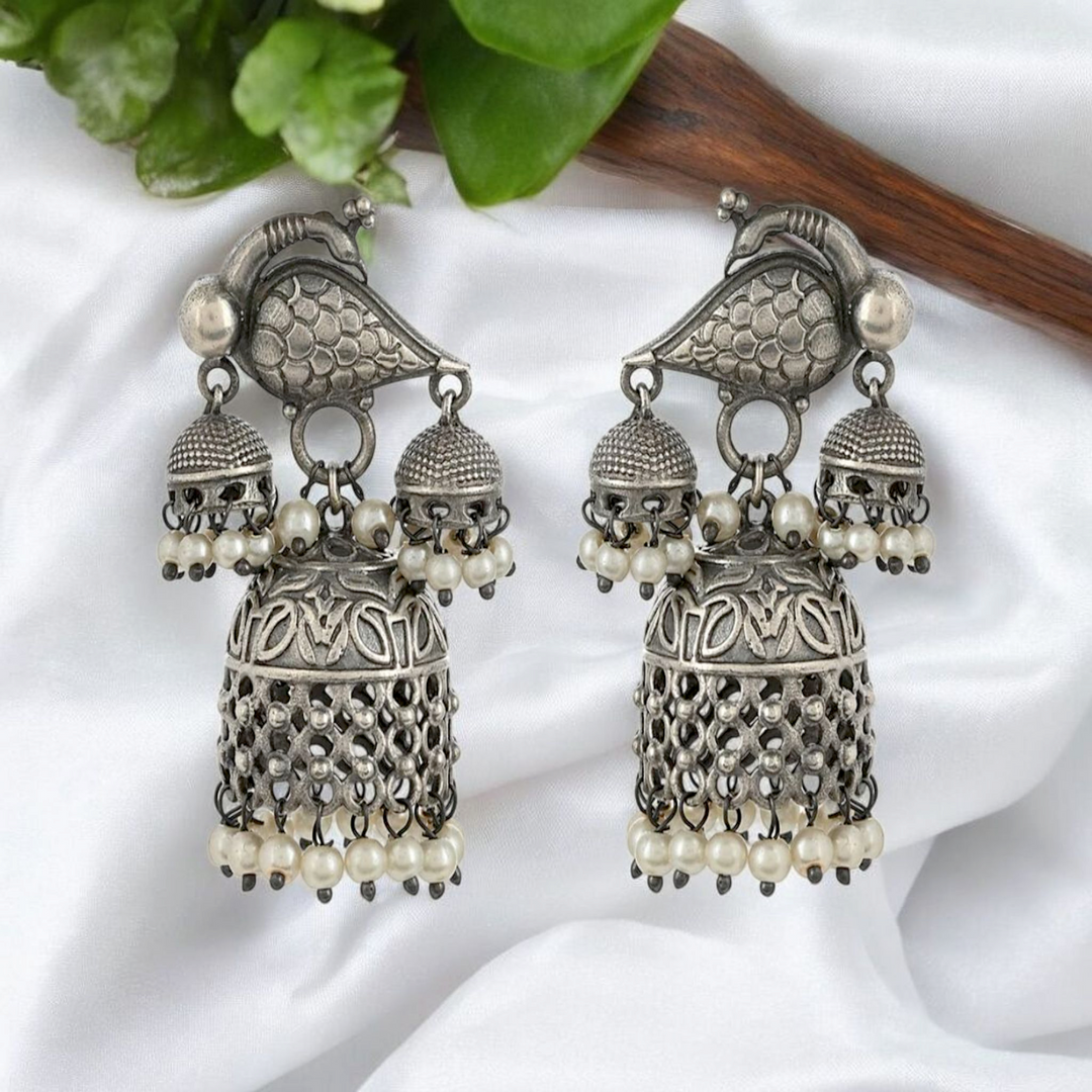 Ekani Antique Brass Silver Plated Pearl Jhumka Earrings
