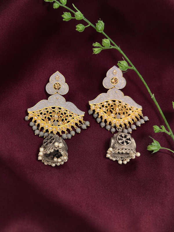 Ekani Gulbadan Stone Brass Dual Tone Dangler Jhumka Earrings