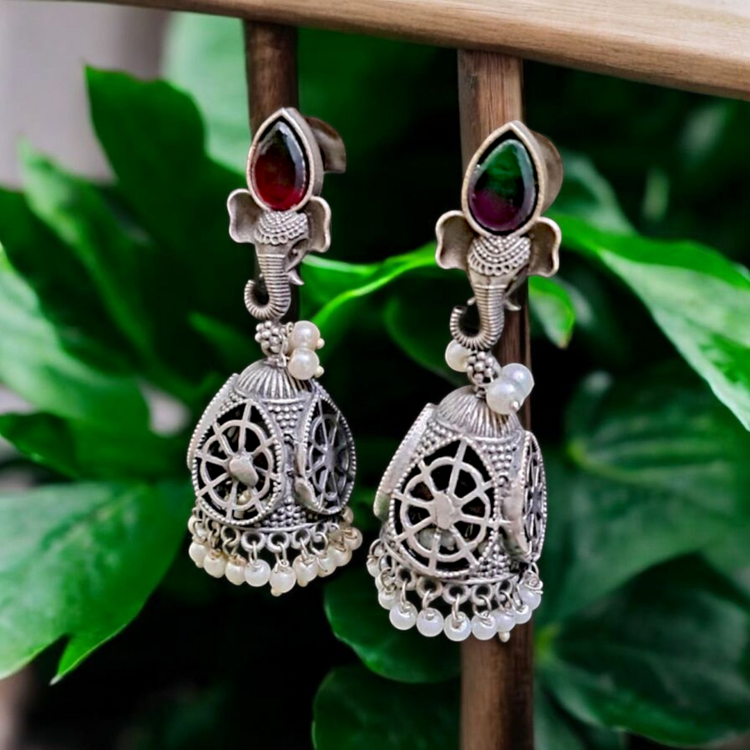 Ekani Krusha Brass Silver Jhumka Earrings