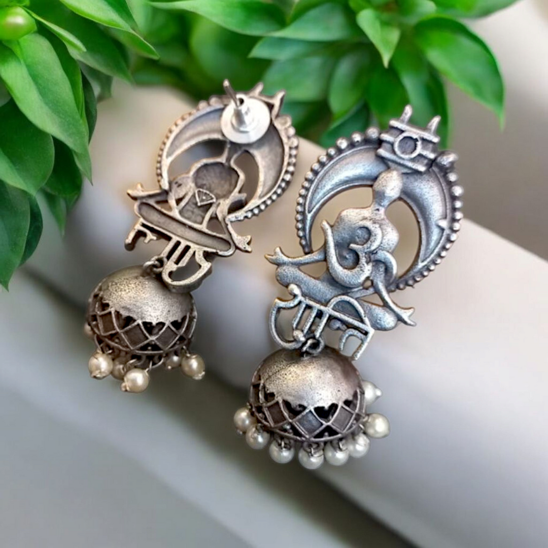 Ekani Om Shanti Silver Replica Brass Pearls Jhumka Earrings