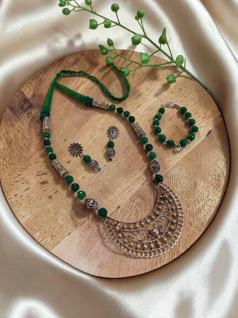 Premium Green Onyx Beaded Oxidised Silver Crescent Pendant Necklace Set with Matching Earrings & Bracelet | Adjustable Dori
