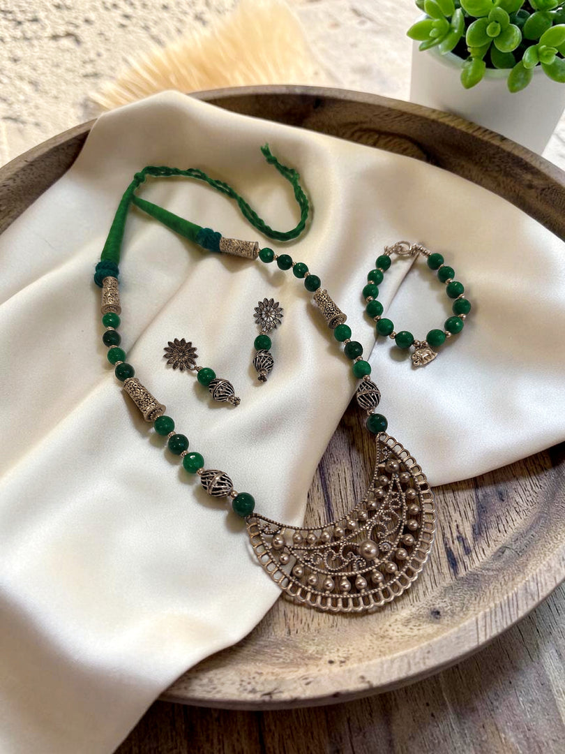 Premium Green Onyx Beaded Oxidised Silver Crescent Pendant Necklace Set with Matching Earrings & Bracelet | Adjustable Dori