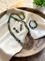 Load image into Gallery viewer, Premium Green Onyx Beaded Oxidised Silver Crescent Pendant Necklace Set with Matching Earrings &amp; Bracelet | Adjustable Dori
