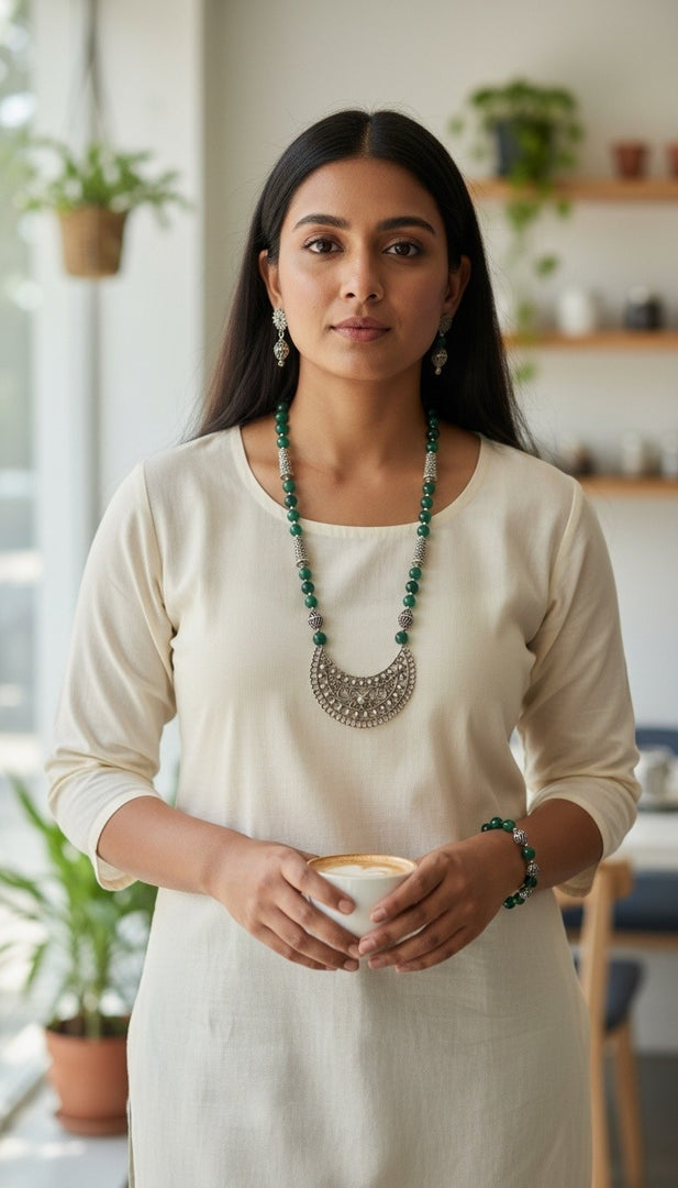 Premium Green Onyx Beaded Oxidised Silver Crescent Pendant Necklace Set with Matching Earrings & Bracelet | Adjustable Dori