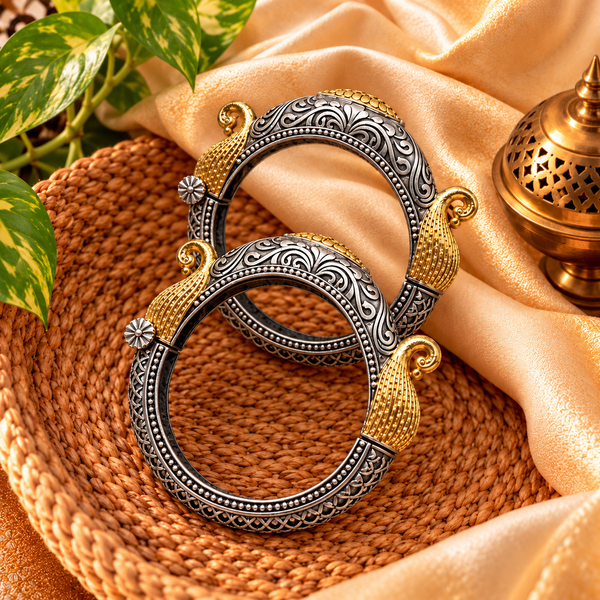 Ekani Peacock Style Dual-Tone Brass Openable Kada Bangle Pair – Oxidised Silver & Gold Finish