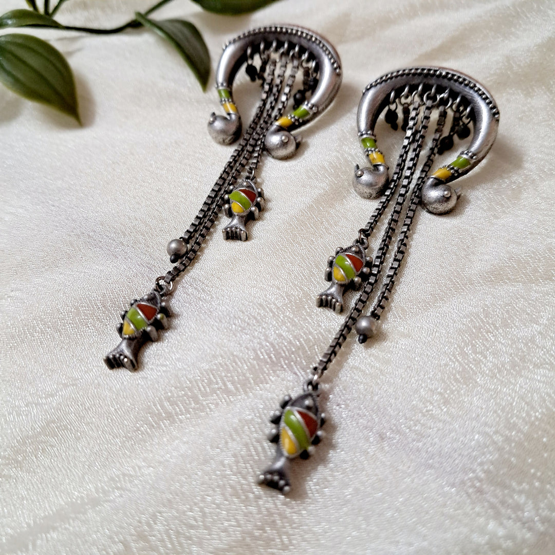 Ekani Morni-Matsya Silver Brass Meenakari Earrings