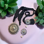Load image into Gallery viewer, Ekani Durga Brass Silver Blue White Zircon Pearl Black Thread Tarsel Necklace Set
