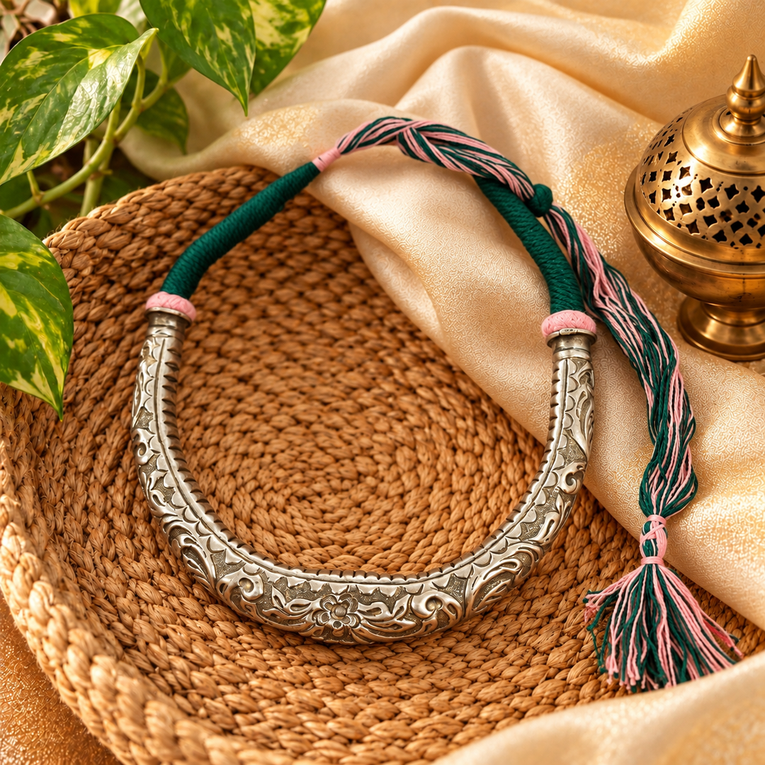 Ekani Premium Brass Silver Chitai Hasli Necklace