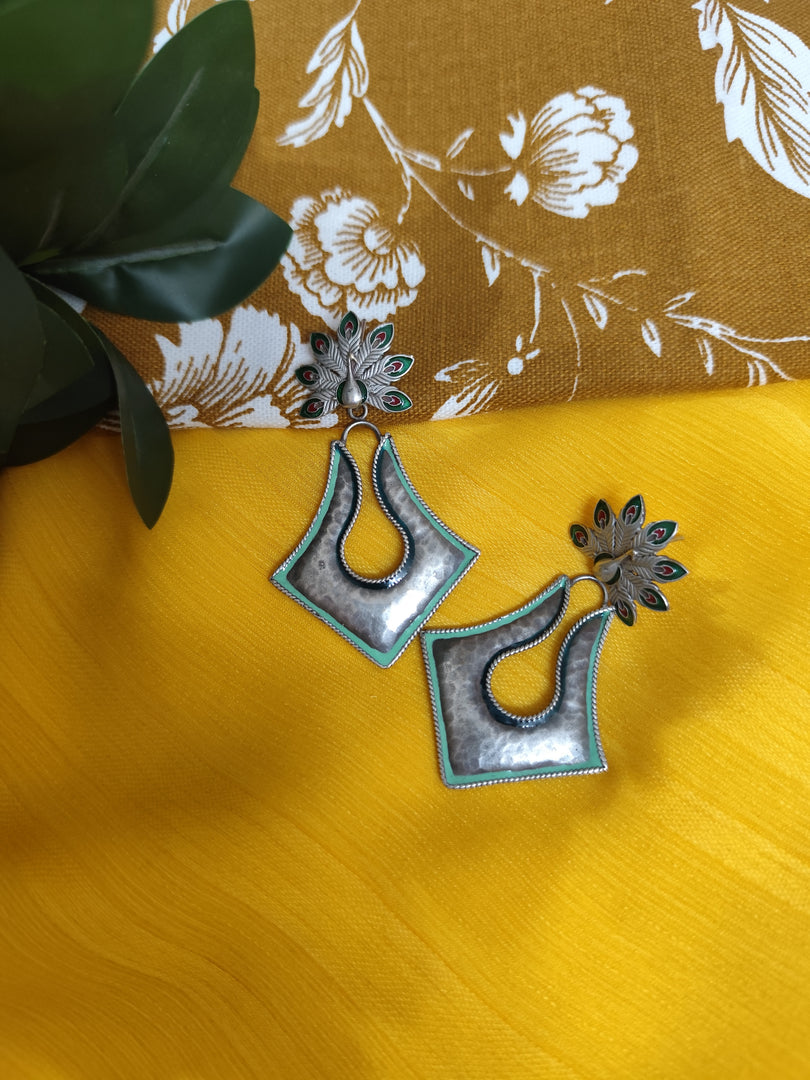 Ekani Saba Meenakari Brass Silver Polish Statement Earrings