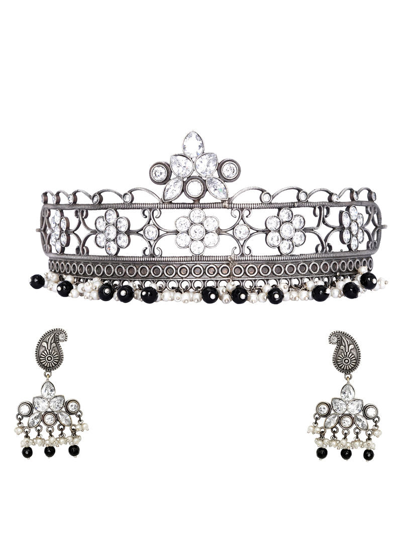 Ekani Amore Silver Lookalike White Stone Choker Necklace With Earring