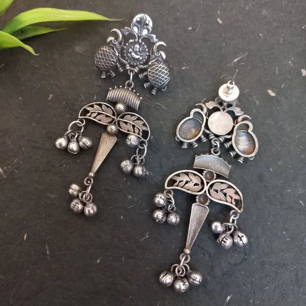 Ekani Rubani Tribal Contemporary Silver Lookalike Brass Leaf Motif Dangler Earrings