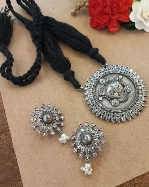 Ekani Durga Brass Silver Replica Zircon Pearl Black Thread Tarsel Necklace Set