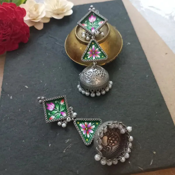 Ekani Nolok Meenakari Handpainted Brass Alloy Silver Pearl Hanging Long Dangler Jhumka Earrings
