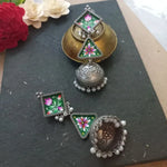 Load image into Gallery viewer, Ekani Nolok Meenakari Handpainted Brass Alloy Silver Pearl Hanging Long Dangler Jhumka Earrings
