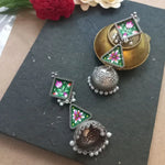 Load image into Gallery viewer, Ekani Nolok Meenakari Handpainted Brass Alloy Silver Pearl Hanging Long Dangler Jhumka Earrings
