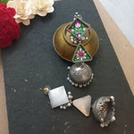 Load image into Gallery viewer, Ekani Nolok Meenakari Handpainted Brass Alloy Silver Pearl Hanging Long Dangler Jhumka Earrings
