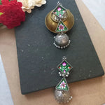 Load image into Gallery viewer, Ekani Nolok Meenakari Handpainted Brass Alloy Silver Pearl Hanging Long Dangler Jhumka Earrings

