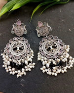 Load image into Gallery viewer, Ekani Riya Yellow/pink Brass Alloy Silver Pearl And Monalisa Stone Chaandbaali Earrings

