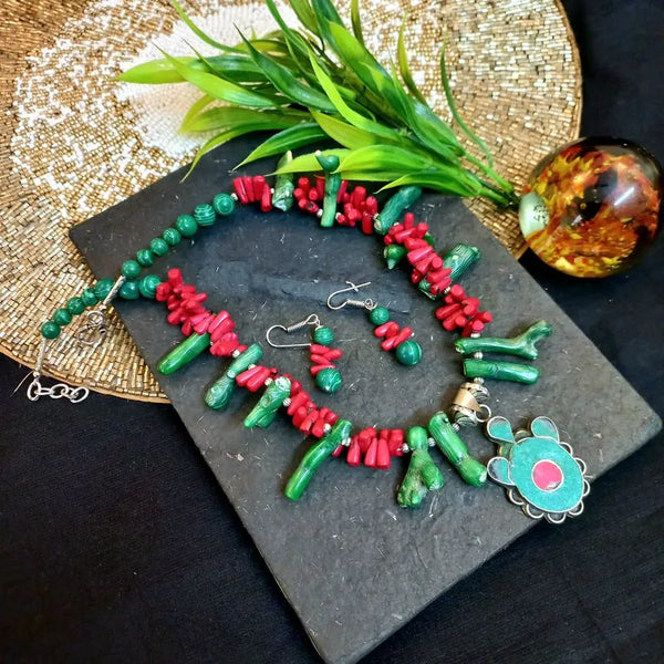 Ekani Original Tibetan Pendant Bamboo Coral Sticks Necklace With Earrings