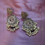 Load image into Gallery viewer, Ekani Riya Yellow/pink Brass Alloy Silver Pearl And Monalisa Stone Chaandbaali Earrings
