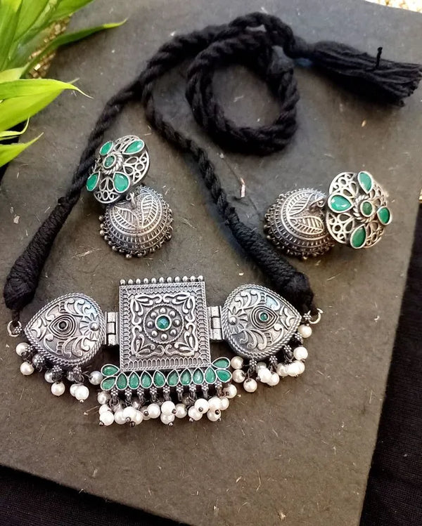 Ekani Wedding Sutra Green Brass Silver Replica Choker, Necklace With Jhumka Earring Set