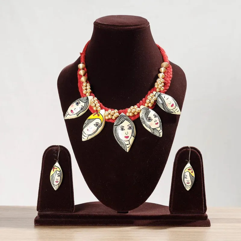 Ekani Indrani Unique Women Face Handmade Handpainted Beaded Terracotta Necklace Set