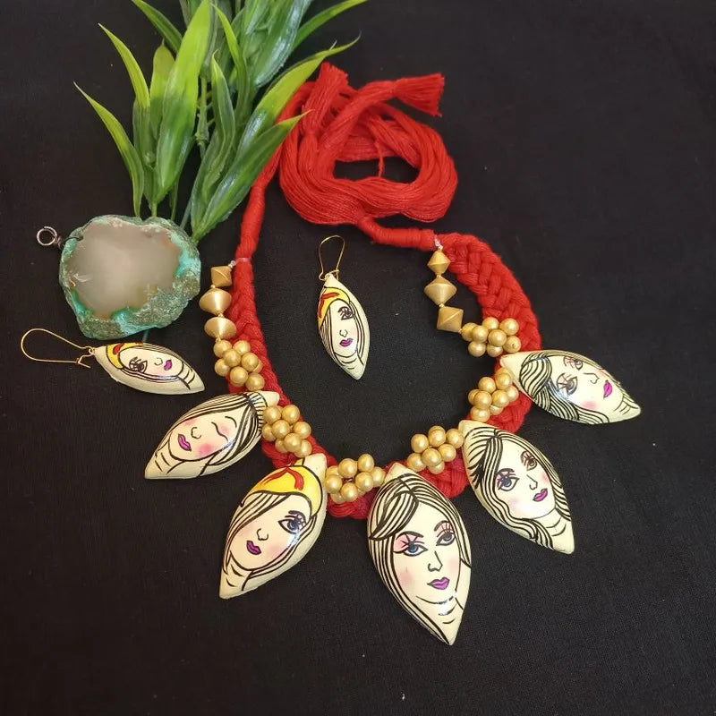 Ekani Indrani Unique Women Face Handmade Handpainted Beaded Terracotta Necklace Set